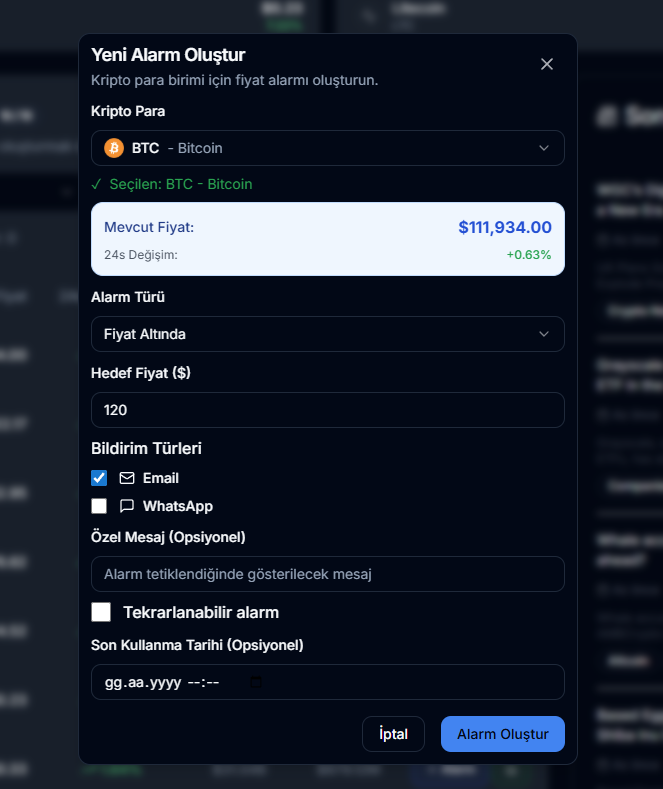 Create Alerts - CoinAlarm step 03 screenshot. Select your desired cryptocurrency and set detailed alert parameters. Choose the price direction (Ab...